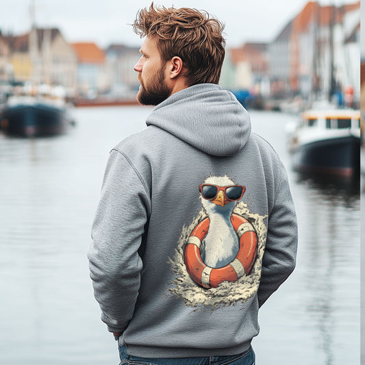 Zip-Hoodie Lifeguard-gull in Grau meliert mit Möwe mit Sonnenbrille im orangefarbenen Rettungsring als Rückenprint am Model