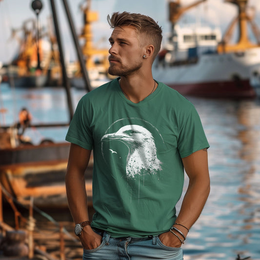 T-Shirt Seagull 5, Teal, schwarz-weißes Möwenporträt