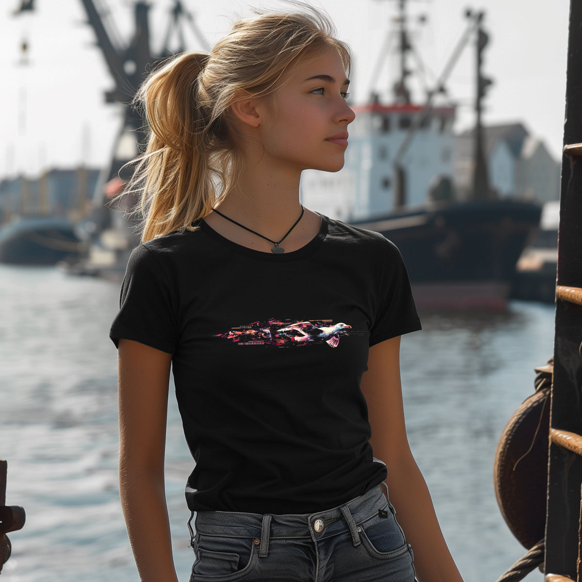 Damen-T-Shirt Cybergulls 4 in Schwarz mit fliegender Möwe und pink-roten Grafikfragmenten – Vorderansicht am Model