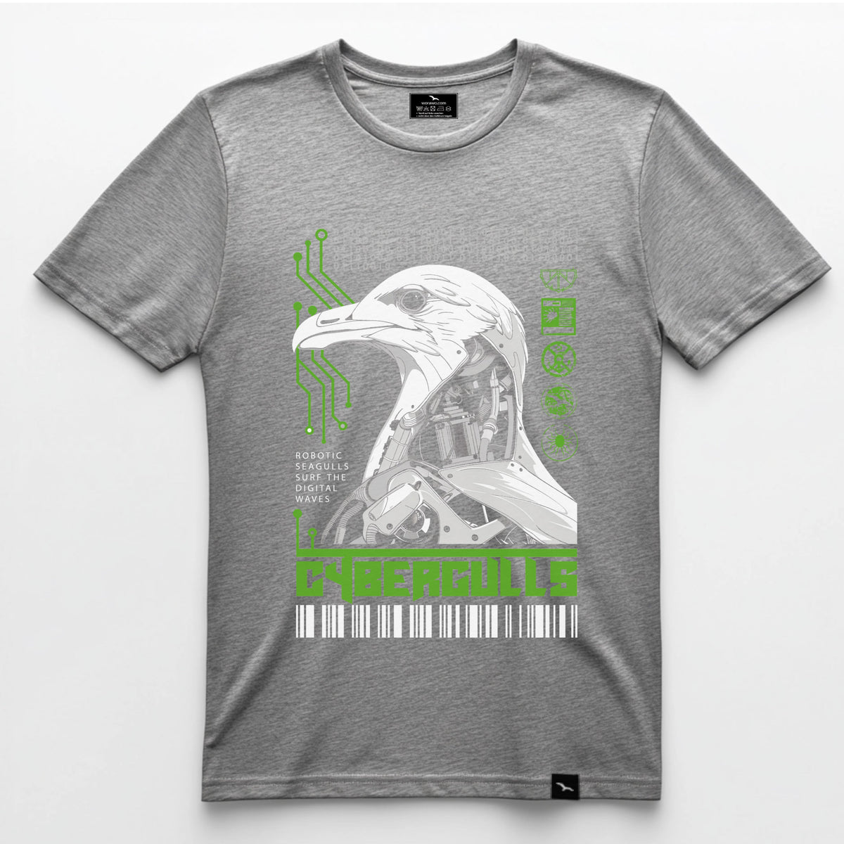 T-Shirt Cybergulls in grau meliert mit mechanischer Möwe und grünen Technikdetails – Vorderansicht