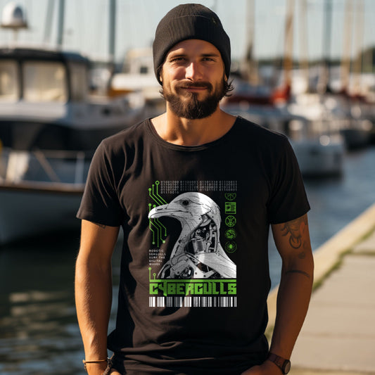 T-Shirt Cybergulls in schwarz mit mechanischer Möwe und grünen Technikdetails – Vorderansicht am Model