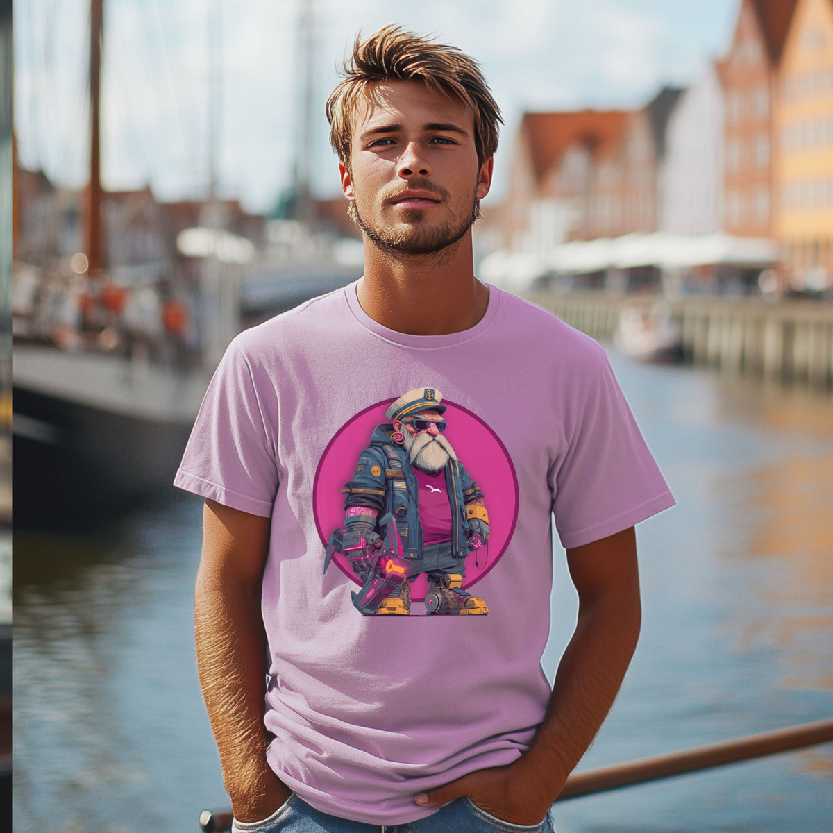 T-Shirt Cyberjack in Lavender, futuristischer Seemann mit Sonnenbrille vor pinkem Kreis, am Model
