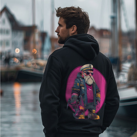 Cyberjack Hoodie in Schwarz: futuristischer Seemann vor pinkem Kreis als Rückenmotiv