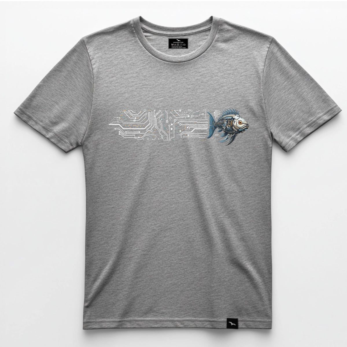 T-Shirt Cyberpunk-Fish in Grau meliert, mechanischer Fisch mit Leiterbahnen, Produktansicht