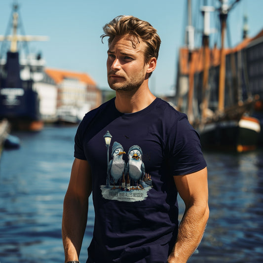 T-Shirt Drunk Gulls in Navy, zwei Möwen mit Bierflaschen und Bierkasten-Spruch, am Model