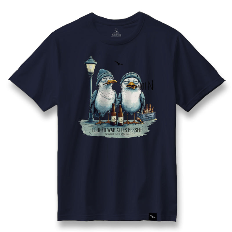 T-Shirt Drunk Gulls in Navy, zwei Möwen mit Bierflaschen und Bierkasten-Spruch, Produktansicht