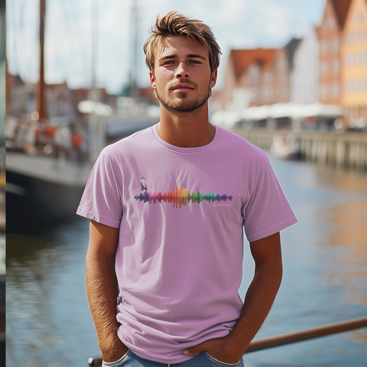 T-Shirt equalizer Gull in Lavender, Möwe auf bunter Audiowelle mit SEASIDE FREQUENCIES, am Model