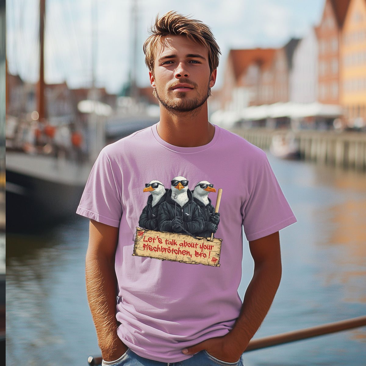 T-Shirt Gull-Gang in Lavender, drei Möwen mit Sonnenbrillen und Fischbrötchen-Spruch, am Model