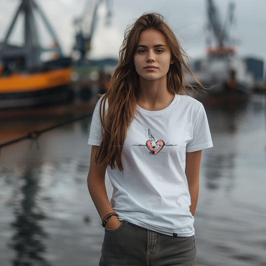 Weißes Damen-T-Shirt Heartgull 2 mit fliegender Möwe und rotem Herz – Vorderansicht am Model