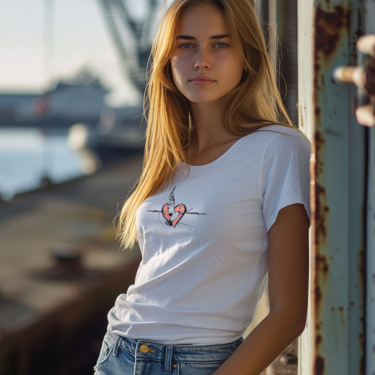 Weißes Damen-T-Shirt Heartgull 2 mit fliegender Möwe und rotem Herz – Vorderansicht am Model am Hafen
