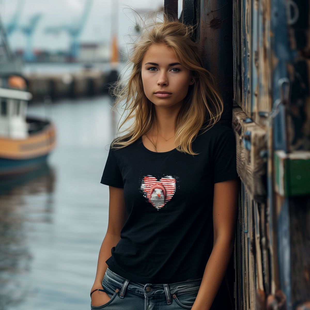 Schwarzes Damen-T-Shirt Heartgull 1 mit Möwe mit roter Strickmütze im gestreiften Herz – Vorderansicht am Model am Hafen
