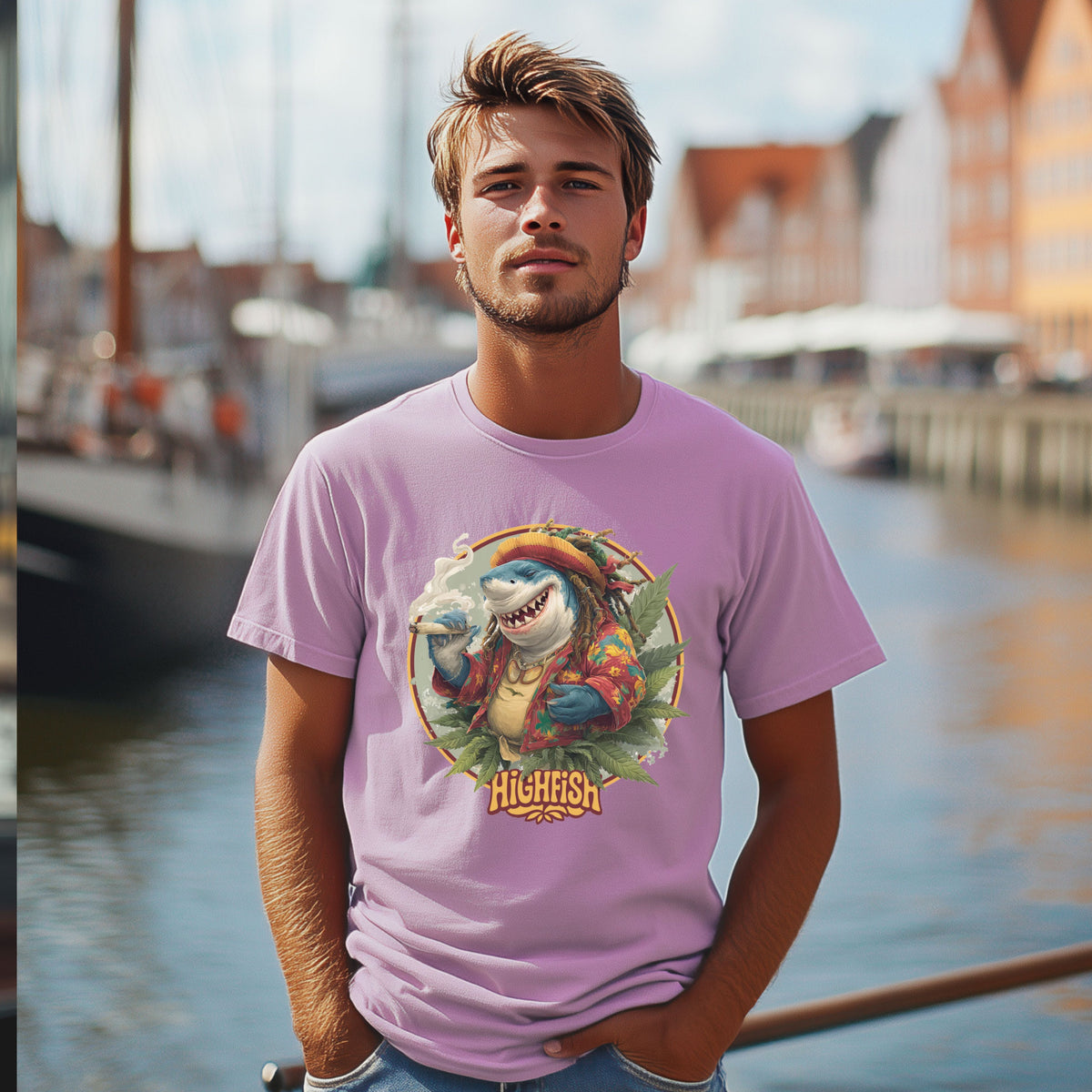 T-Shirt Highfish in Lavender, Hai in buntem Hemd mit Cannabisblättern, am Model