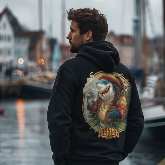 Highfish Hoodie in Schwarz, Rückenmotiv am Model