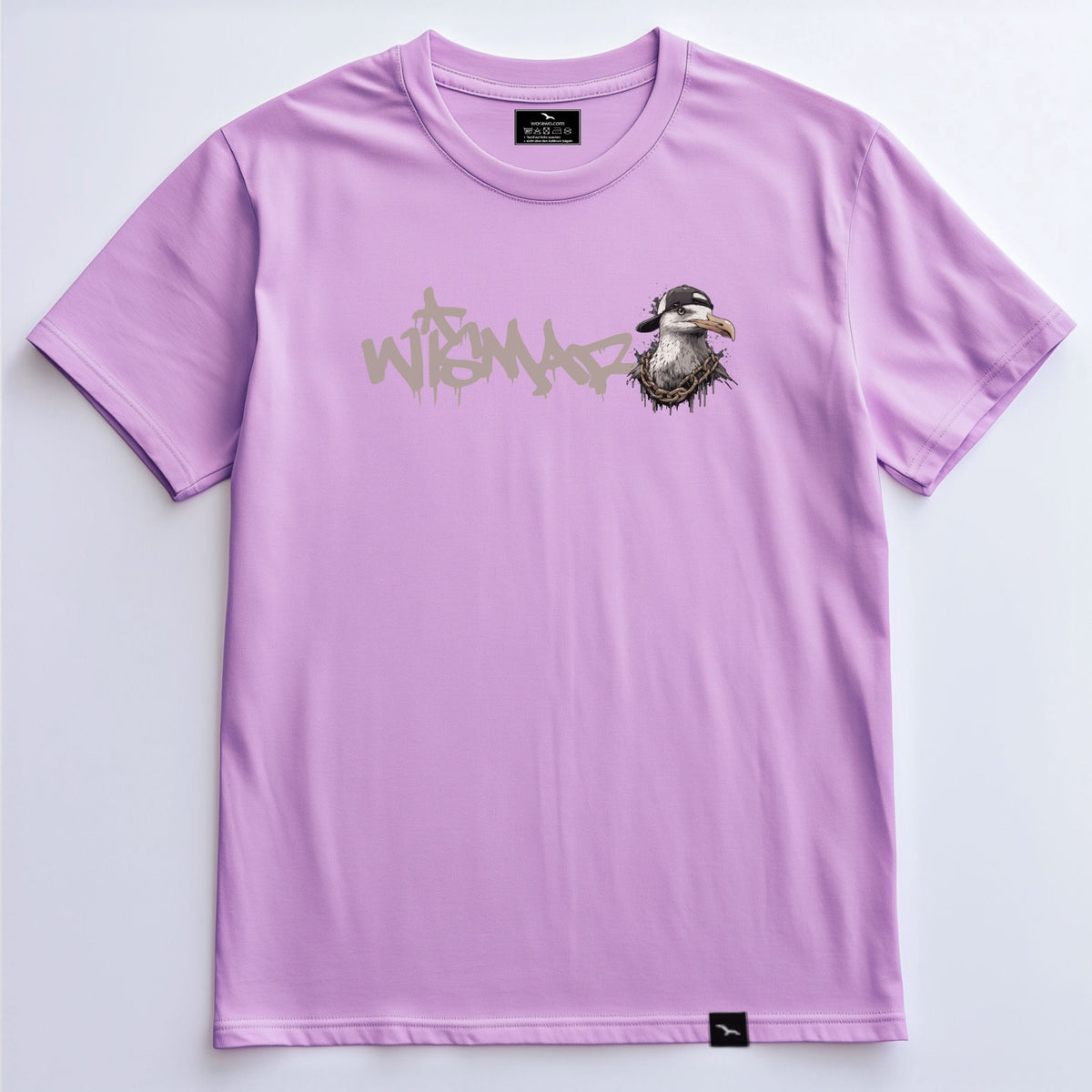 T-Shirt Hip-Hop-gull 2 in Lavender, Graffiti-Schriftzug und kleine Möwe mit Kappe, Produktansicht