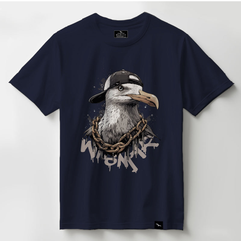 T-Shirt Hip-Hop-gull 1 in Navy, großes Möwenporträt mit seitlicher Kappe und Kette, Produktansicht