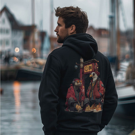 Zip-Hoodie Busstop mit zwei Figuren an futuristischer Haltestelle