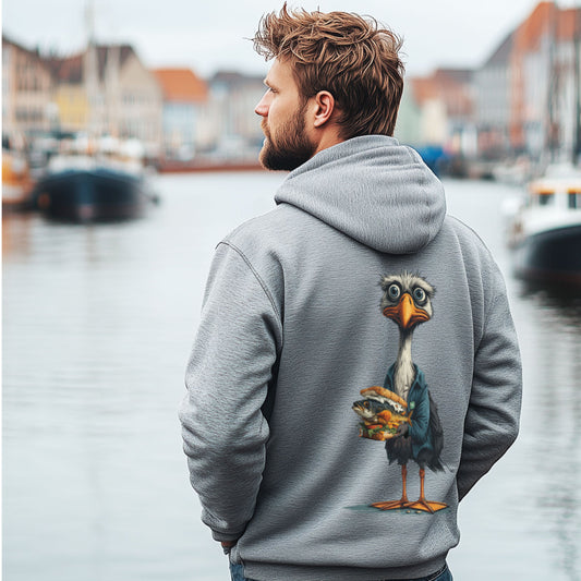 Graumelierter scared Gull Hoodie am Hafen, Rückenansicht mit Möwenmotiv