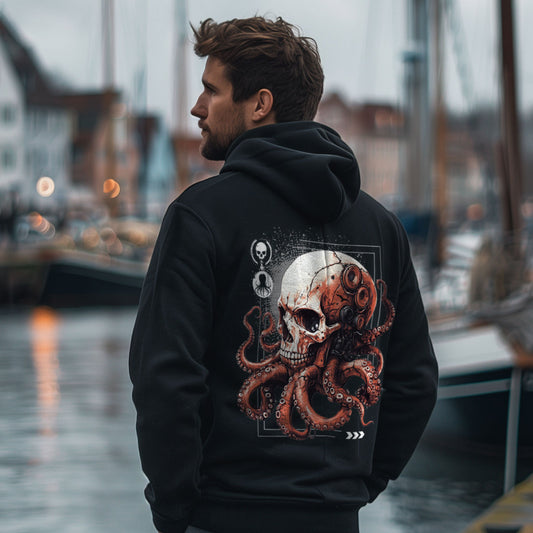 Zip-Hoodie Octoskull 2 in Schwarz mit Totenkopf und Oktopus-Tentakeln als Rückenprint am Model
