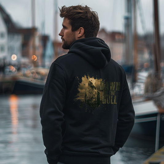 Zip-Hoodie Dawn of the Gull in Schwarz mit düstere Möwe mit DAWN OF THE GULL als Rückenprint