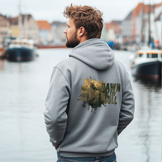 Dawn of the Gull Hoodie in Grau meliert: düstere Möwe und Schriftzug als Rückenmotiv