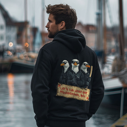 Gull-Gang Hoodie in Schwarz: drei Möwen und Fischbrötchen-Spruch auf dem Rücken