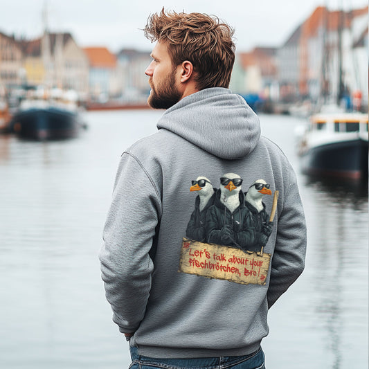 Zip-Hoodie Gull-Gang in Grau meliert mit Möwen-Gang mit Fischbrötchen-Spruch als Rückenprint