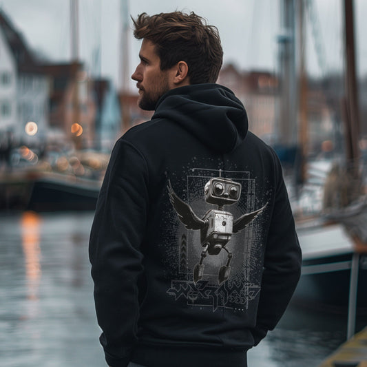 Zip-Hoodie Robo-Gull in Schwarz mit Roboter-Möwe mit ausgebreiteten Flügeln vor technischem Hintergrund als Rückenprint am Model