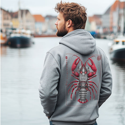 Zip-Hoodie Samurai Lobster in Grau meliert mit rotem Hummer in Samurai-Rüstung als Rückenprint am Model