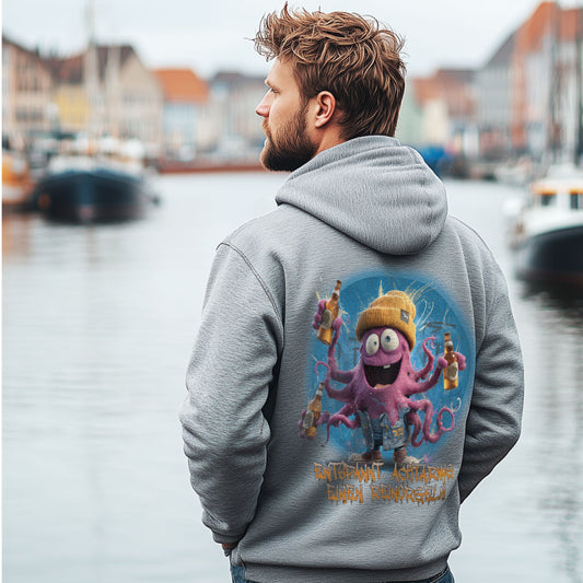 Zip-Hoodie Orgelocto in Grau meliert mit violettem Oktopus, gelber Mütze und Bierflaschen als Rückenprint am Model