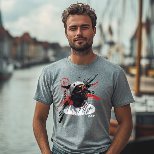 T-Shirt Jack-Tar-Sun in Grau meliert, bärtiger Seemann mit Mütze und roter Sonnenbrille, am Model