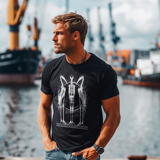 T-Shirt Three Cranes in Schwarz mit drei Kranichen und geometrischen Kreislinien als Frontprint – Vorderansicht am Model