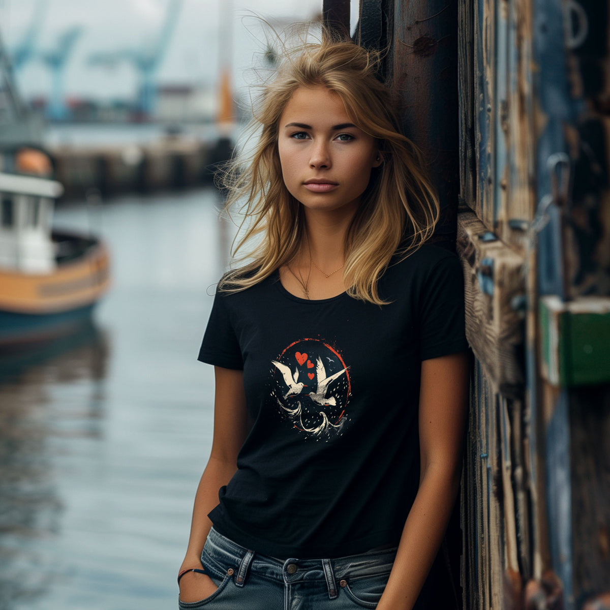Schwarzes Damen-T-Shirt Lovegulls mit Möwen und roten Herzen – weitere Vorderansicht am Model