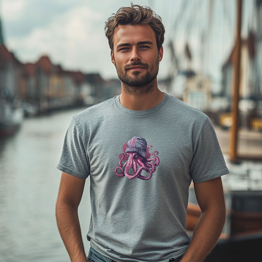T-Shirt Octopus in Grau meliert, pinker Oktopus mit grauer Strickmütze, am Model