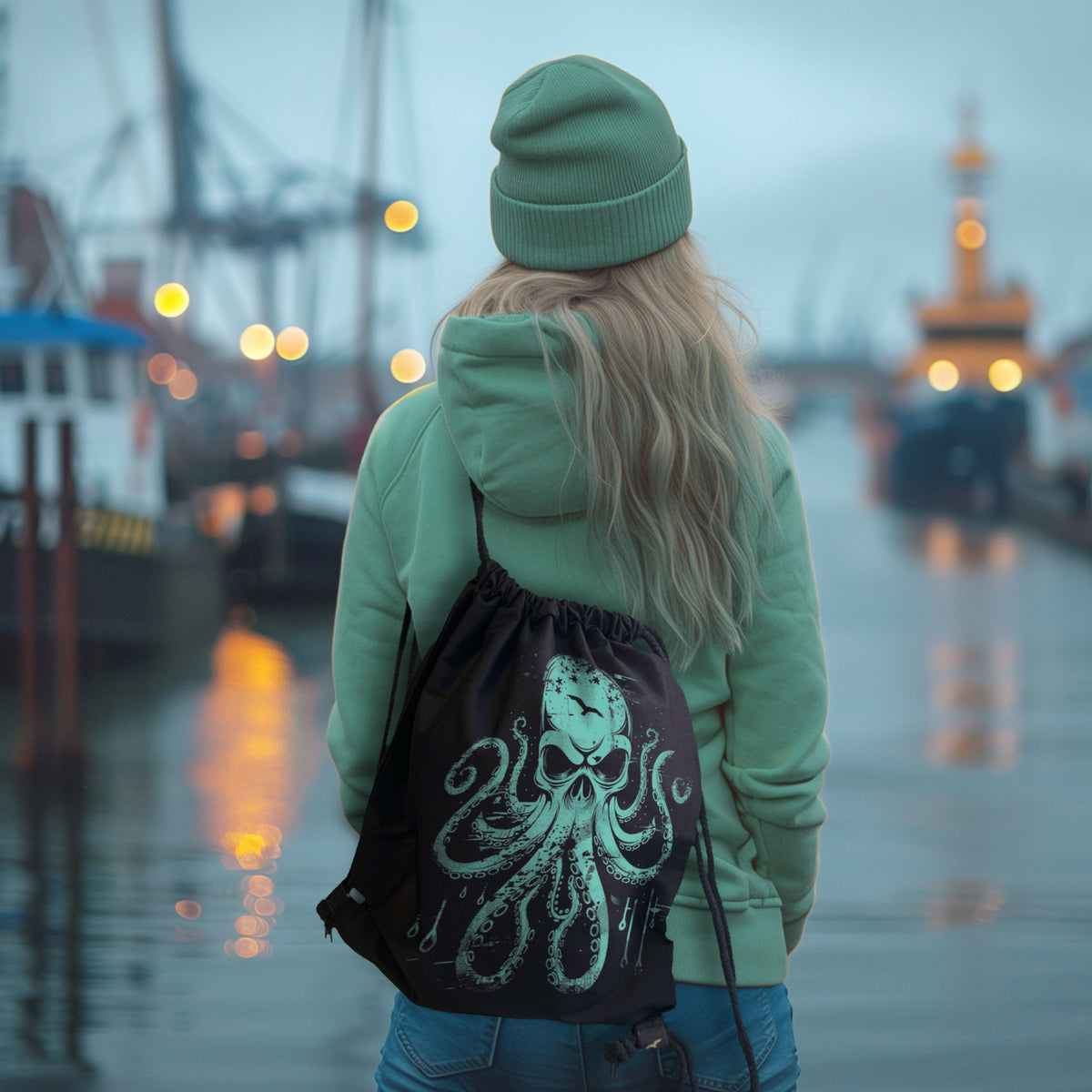 Schwarzer Rucksack Octoskull mit türkisfarbenem Totenkopf und Oktopus-Tentakeln – am Model im Hafen