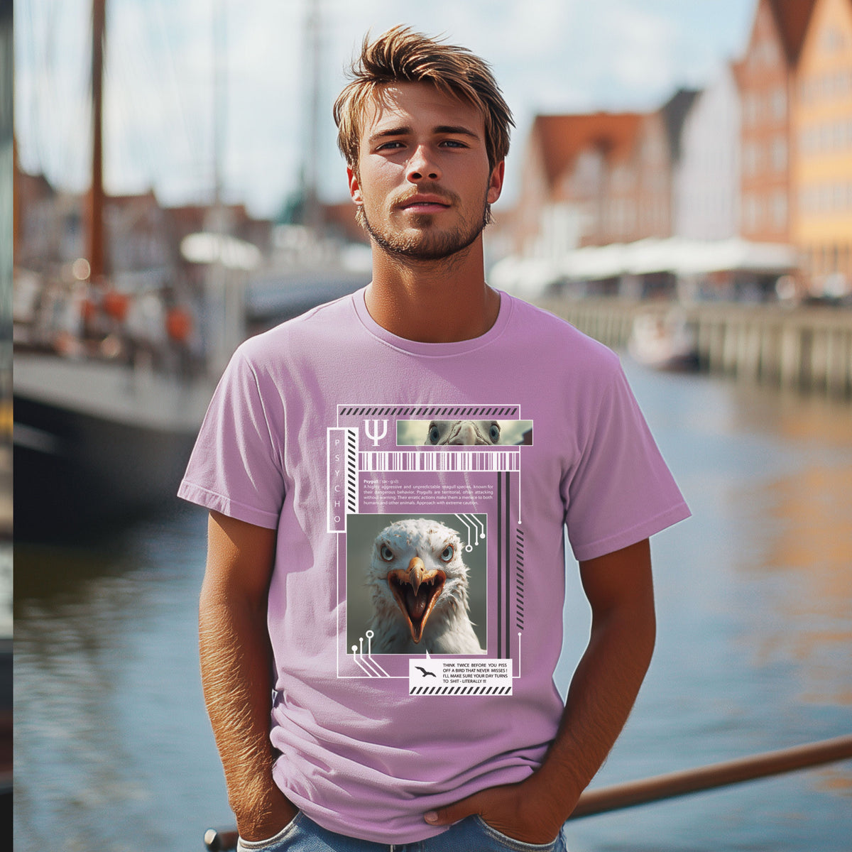 T-Shirt Psy-gull, Lavender, grafisches Möwenporträt