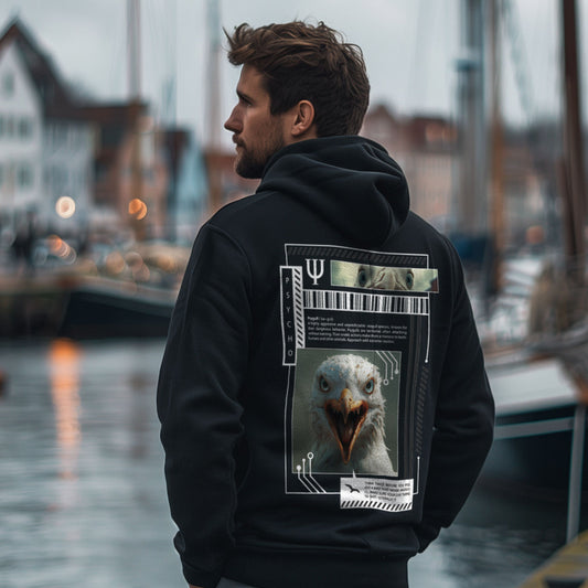 Zip-Hoodie Psy-gull in Schwarz mit grimmiger Möwe in technischem Rahmen mit Barcode als Rückenprint am Model