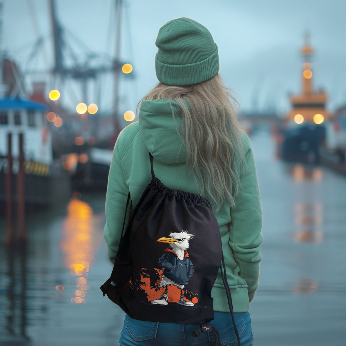 Schwarzer Rucksack Angry Gull mit Möwe im Hoodie – getragen am Rücken