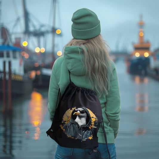 Schwarzer Rucksack BB-Gull mit Sonnenbrillenmöwe – getragen am Rücken