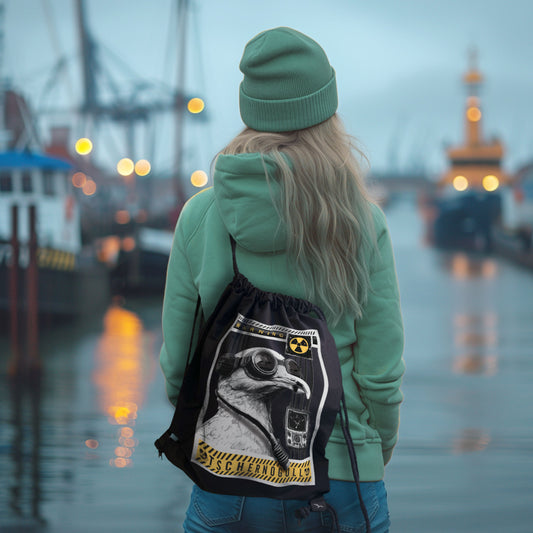 Schwarzer Turnbeutel Tschernogull mit Möwenmotiv und gelben Warnstreifen – am Model im Hafen