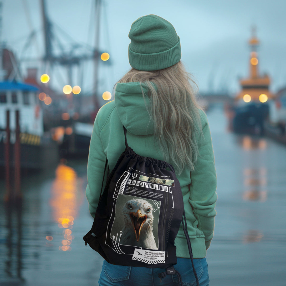 Schwarzer Turnbeutel Psychogull mit grafischem Möwenmotiv und Kordelzug – am Model im Hafen