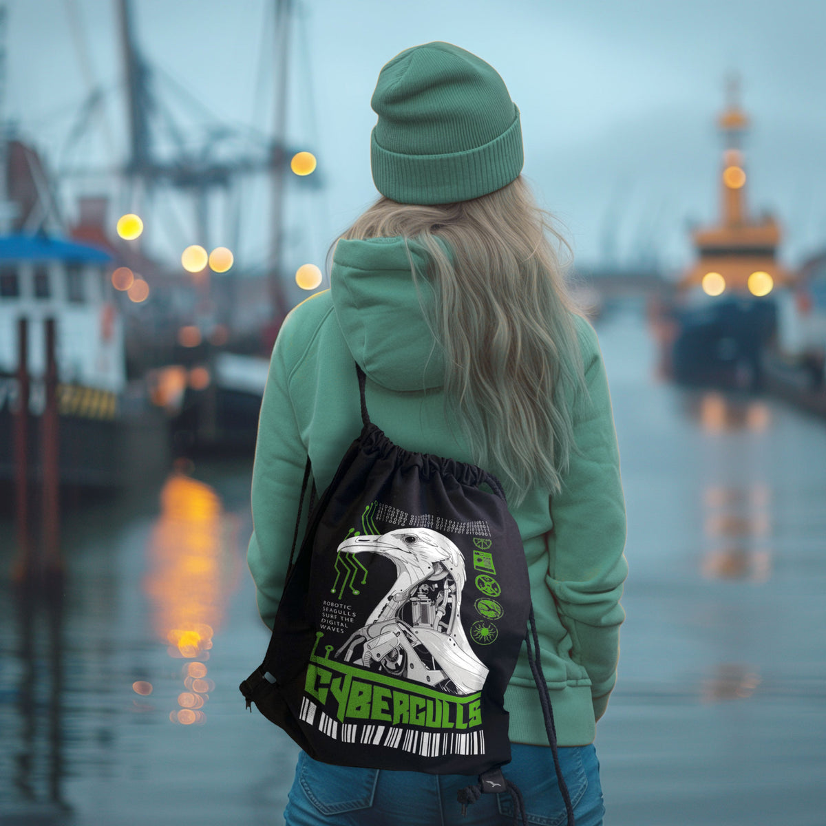 Schwarzer Turnbeutel Cybergulls mit futuristischem Möwenmotiv – am Model im Hafen