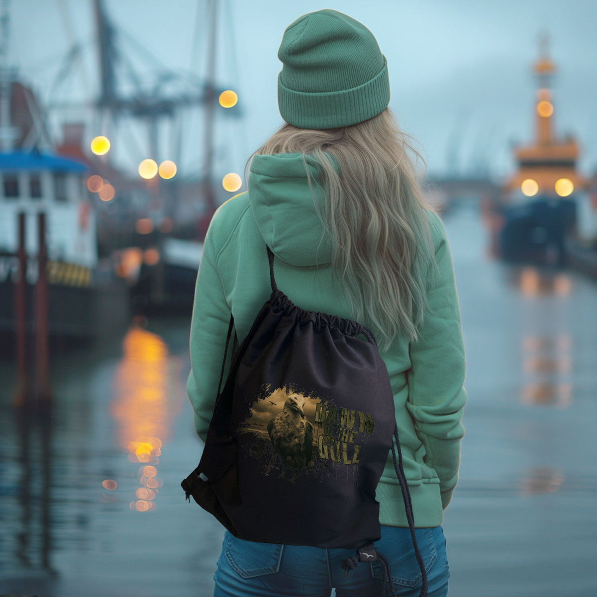 Dawn-of-the-Gull Turnbeutel mit Möwenmotiv, über der Schulter getragen in Hafenkulisse