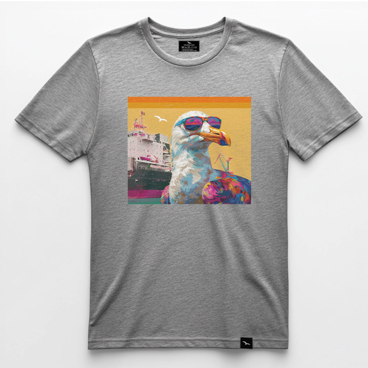 T-Shirt Seagull 4 in grau meliert mit bunter Möwe und Sonnenbrille – Vorderansicht