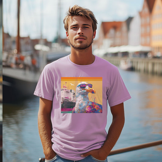 T-Shirt Seagull 4 in lavendel mit bunter Möwe und Sonnenbrille – Vorderansicht am Model