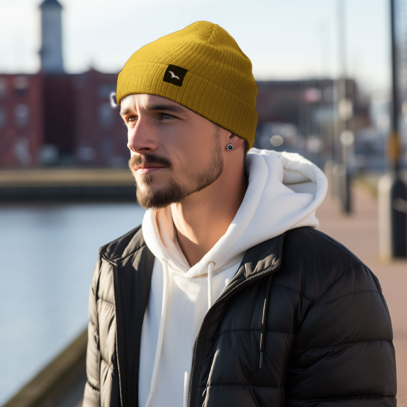 Nordic Beanie von Worawo in senfgelb mit Umschlag und Möwenlabel – am Model im Hafen