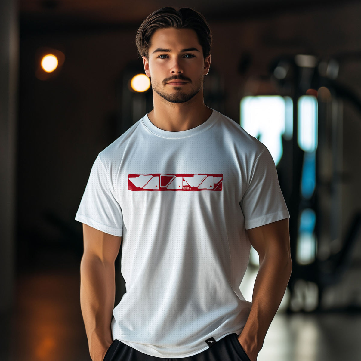 T-Shirt worawo Sport Edition, Weiß, rot-weißer Grafikstreifen – Modelaufnahme