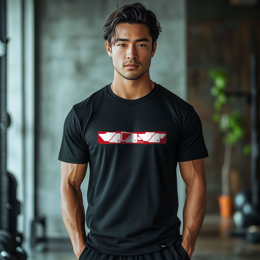 T-Shirt worawo Sport Edition, Schwarz, rot-weißer Grafikstreifen – Modelaufnahme
