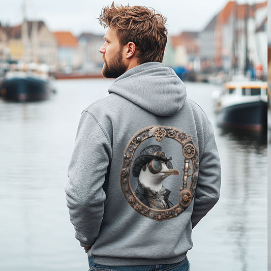 Zip-Hoodie Steam-Punk-gull in Grau meliert mit Möwe mit Fliegerbrille im Zahnradrahmen als Rückenprint am Model