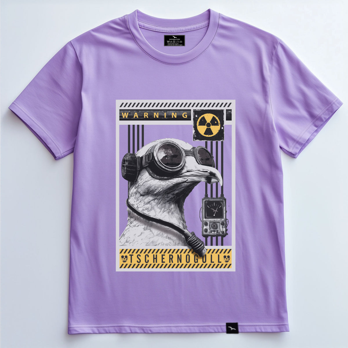 T-Shirt Tschernogull, Lavender, Möwe mit Atemschutzmaske und Warnsymbol – Produktansicht