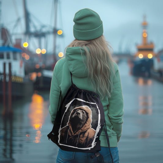 Schwarzer Rucksack Otter mit Otterporträt in Kapuze – am Model im Hafen